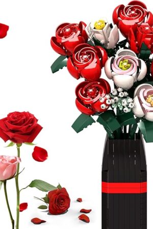 The Roses Flower Bouquet Building Kit, Artificial Roses Flower Bouquet Building Set with Vase, DIY Artificial Flower Bouquet Set for Home Office Decoratin, Valentine Christmas