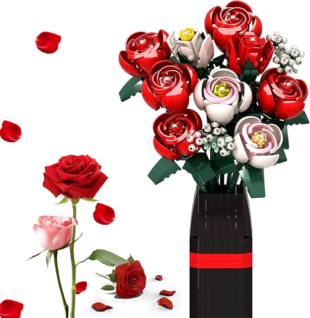 The Roses Flower Bouquet Building Kit, Artificial Roses Flower Bouquet Building Set with Vase, DIY Artificial Flower Bouquet Set for Home Office Decoratin, Valentine Christmas