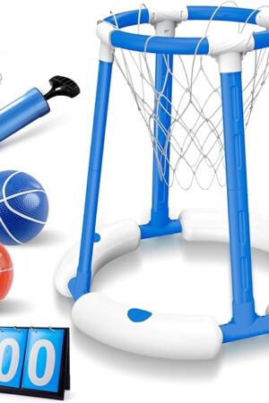 The Pool Basketball Hoop Set, Floating Pool Basketball Game with Scoreboard & Whistle, Swimming Pool Toy Basket Ball Goal Poolside, Summer Indoor Outdoor Water Play Toy for Kids & Adults