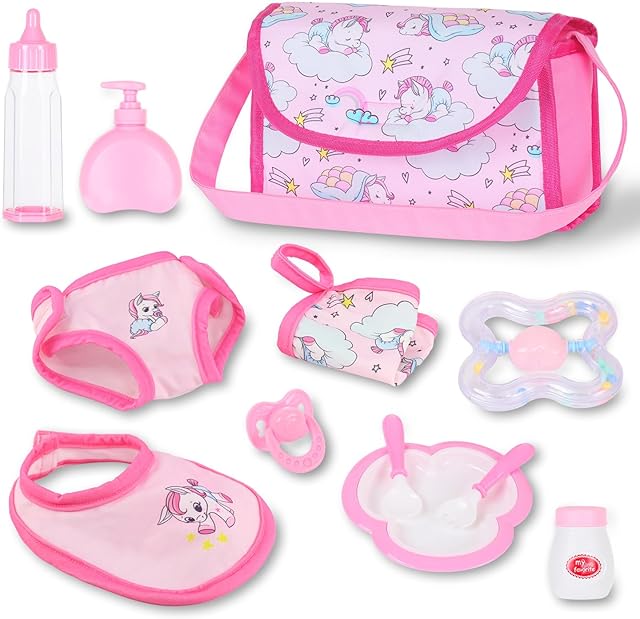 The UNICORN ELEMENT 12 Pcs Baby Doll Clothes and Accessories for 16-18 inch Dolls, New Born Dolls Feeding and Caring Set with Baby Doll Diaper Bag, Bib, Bottles, Pacifier, Best Gift for Kids