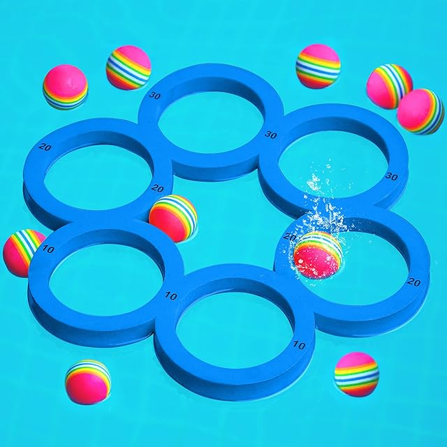 The Hiboom Pool Game with Score, Combo Foam Pool Floats with 10 Colorful Tossing Balls, Toss Game Swimming Party Toys Accessories for Family Par, Dive Rings (Round,Blue)