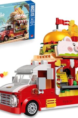 The Piggy Burger Truck Building Set, 566PCS Creative Fast Food Truck Playset Compatible with Lego City Car, Imaginative Pretend Play Toys Gift for Kids Ages 6+