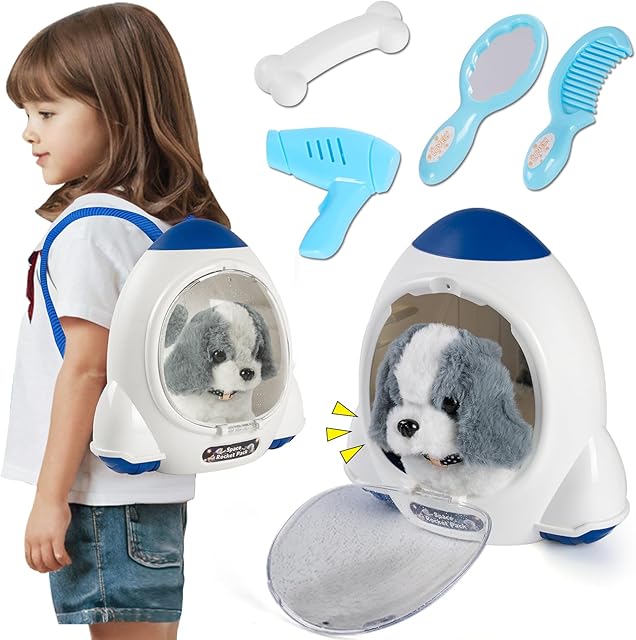 The Robot Dog Toy for Kids,Electronic Pet Puppy W/Walking&Barking,Pet Care Pretend Play Set,Interactive Plush Stuffed Toys with Backpack, for Boys,Girls,Toddlers