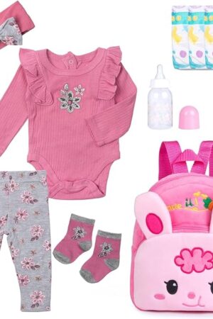 The Reborn Baby Dolls Clothes with Backpack Diapers Accessories Set 11-Pieces fit 18-22 inches Dolls Pink Reborn Baby Doll Clothes Set