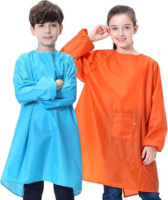 The MINIQ 2 Pack Kids Art Smocks for Painting – Waterproof Paint Smock Aprons – Children’s Long Sleeve Artist Smock for Boys & Girls – Art Class & Crafting Painting Apron for Age 8-14.