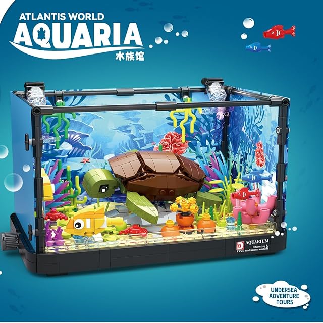 The Atlantis World Aquaria Building Block Set, 725 Pieces, LED Light-Up Fish Tank with Sea Creatures and Coral Decorations