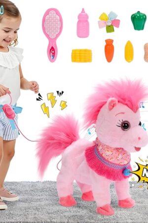 The Pink Walking Pony Set Interactive Talking Singing Dancing Horse Walk Along with Remote Control Leash Plush Pony Pet Toy for Kid, Nod Lick Wag Repeat What You Say, 3+ Girl Boy