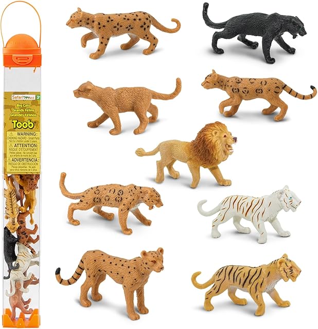 The Safari Ltd. Big Cats TOOB - 9 Mini Figurines Including Lion, Tiger, White Tiger, Jaguar, Black Jaguar, Mountain Lion, Cheetah, Leopard, and Ocelot - Educational Toy For Boys, Girls & Kids Ages 3+
