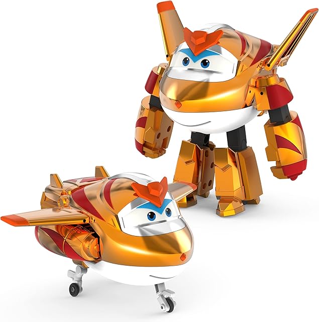 The Super Wings 5" Transforming Golden Boy, Airplane Toys Vehicle Action Figure, Transforming Plane to Robot, Birthday Gifts for 3 4 5 Year Old Boys Girls Preschool Kids, Gold