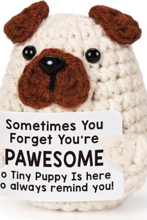 The Positive Crochet Animals Puppy for Mom Women Friend Birthday, Emotional Inspirational Support Presents for Pet Lover Dog Mom Dad, Cute Handmade Tiny Pug Plush Doll