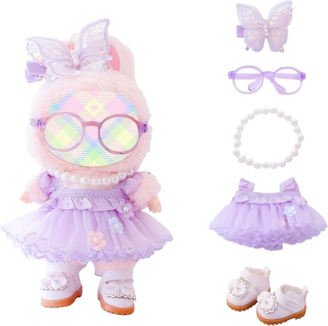 The Clothes for Dolls Accessories, Outfit Set 5 Pieces Gauze Dress for 15cm 17cm Doll (No Doll), Romantic Skirt Doll Clothing Set Replacement Purple