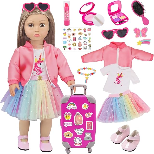 The American 18 Inch Doll Clothes and Accessories Set Includes 18 Inch Doll Clothes Travel Suitcase Sunglasses Shoes Comb Hair Clip Bracelets Stickers for 18 Inch Dolls