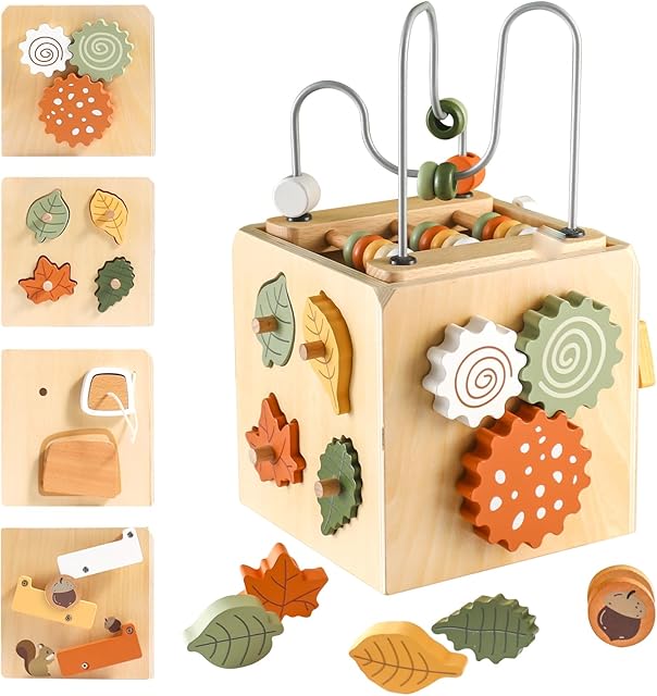 The Wooden Activity Busy Cube Montessori Toys, 6-in-1 Activity Center Baby Bead Maze Toys, Sensory Shape Sorter Blocks, Toddler Boys Girls First Birthday Gift