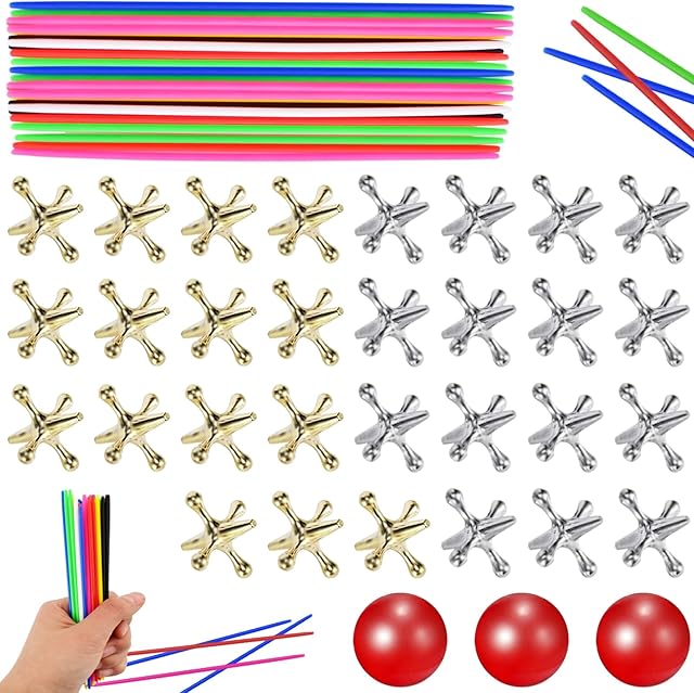 The ZeeDix 3 Sets Jacks Game and Pick Up Sticks, 180 Pcs Sticks and 30 Pcs Metal Jax with 3 Pcs Red Rubber Balls, Classic Pick Up Sticks Game for Kids Adults Family