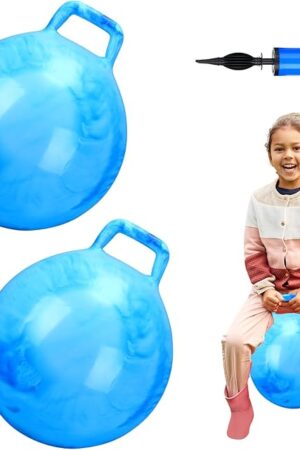 The Poen 2 Pcs Bouncing Ball with Handle, Hopper Jumping Hopping Ball with Air Pump for Games(18 Inch,Marbled Blue)