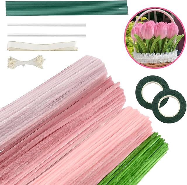The 400 Pcs Pipe Cleaners Craft,4 Colors Pipe Cleaners Bulk,Pipe Cleaner Flower kit,Pastel Pipe Cleaners for DIY Flower Making Kit with Floral Wires, Gardening Tape,Stamen and Ribbon