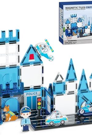 The Police Theme Magnetic Tiles (42PCS),STEM Toys with Police Car & Helicopter, Preschool Learning Building Set for Ages 3-8, for Boys Girls(Dog, Traffic Light)