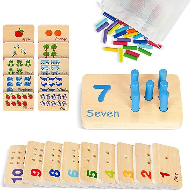 The TOOKYLAND Peg Board Toddler Toys, Counting Wooden Toys with 55 Pegs, Wooden Math Manipulatives,Montessori Math and Numbers for Kids & Kindergarten Learning Activities