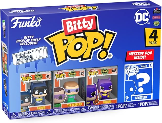 The Funko Bitty POP! DC - Batgirl, 4-Pack - Batman, Batgirl, The Riddler and A Surprise Mystery Mini Figure - 0.9 Inch (2.2 Cm) - DC Comics Collectable - Stackable Display Shelf Included - Gift Idea