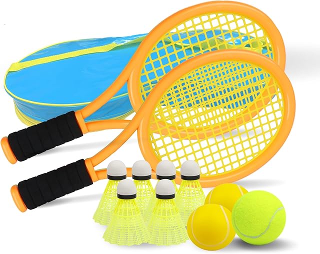 The Crefotu Kid Tennis Racket Set for Toddler,Children,Sponge Handle, includes 6 Badminton, 1 Tennis Ball, Bag and 2 Balls - Increase Children's Sports,Improve Tennis Skills
