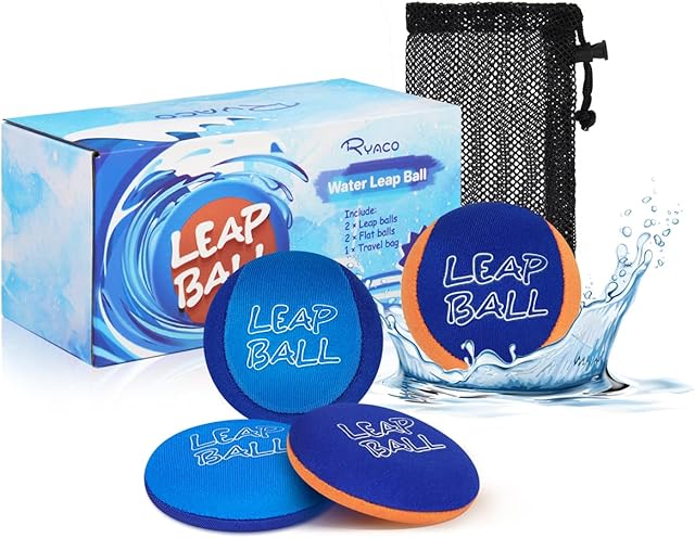 The Ryaco Leap Ball Water Skipping Ball Pool Balls - 4 Pack Bouncing Beach Ball for All Ages - Extreme Water Bathing Fun with Your Friends & Family at The Beach, Lake, Pool (Blue/Light Blue+/Orange/Blue)