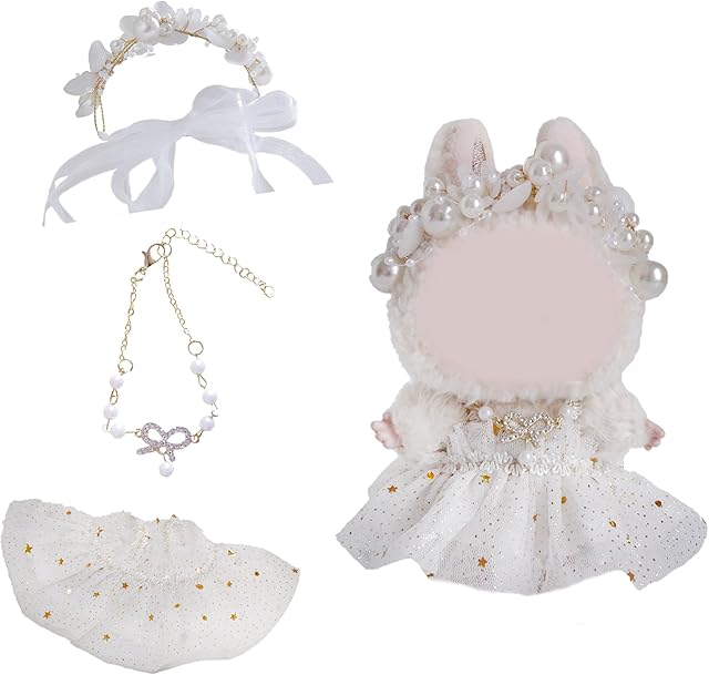 The 17cm Doll Clothes Set and Accessories Suit,(NO Doll) 3-Piece Set, Outfits for Clothes Set, Dolls Keychain Accessories, Including Fairy Dress, Pearl Hair Accessories, Bow Necklace(White)