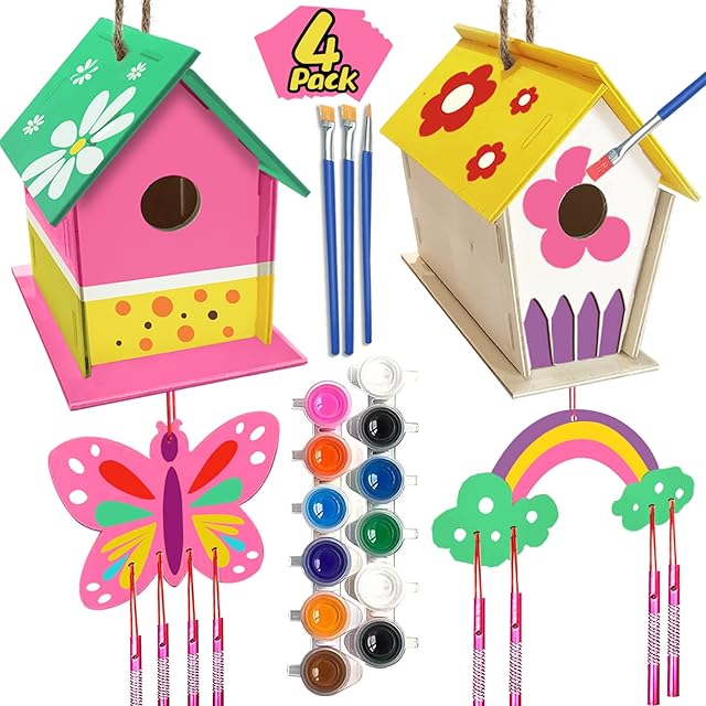 The Crafts for Kids Ages 4-8 - 4 Pack DIY Bird House Wind Chime Kit - Build and Paint Birdhouses Wooden Arts Kits Easter Basket Stuffers Gifts for Girls Kids Boys Toddlers Ages 3-5 4-6 6-8 8-12