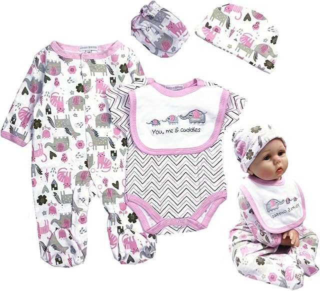 The Reborn Baby Girl Doll Clothes 22 inch Newborn Outfits Accesories Elephant 5 Piece Set for 20-22 inch Reborn Doll Matching Clothing