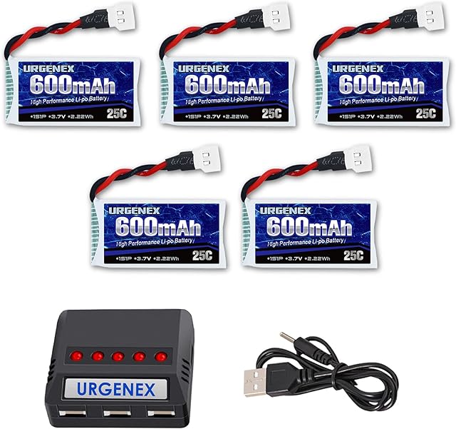The URGENEX 3.7V Lipo Battery 600mah 1S 5PCS Drone Battery with Molex Plug X5 USB Battery Charger for Syma X5C X5C-1 X5 X5SC X5SW H5C V931 S5C S5W SS40 FQ36 T32 T5W H42 CW4 UAV FPV Drone Quadcopter