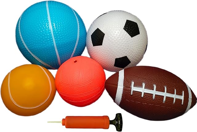 The Soft Sports Balls Set for Kids Various Size of Soccer Ball, Basketball, Football,Tennis Ball,Volleyball with Hand Pump