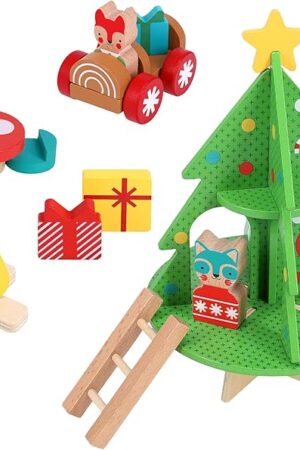 The Petit Collage: Christmas Treehouse Wooden Play Set – Eco-Friendly FSC Wood Toy for Toddlers 12mo+ – Features Treehouse with Ladder, Animal Figures, Yule Log Car,Table & Accessories – Cozy