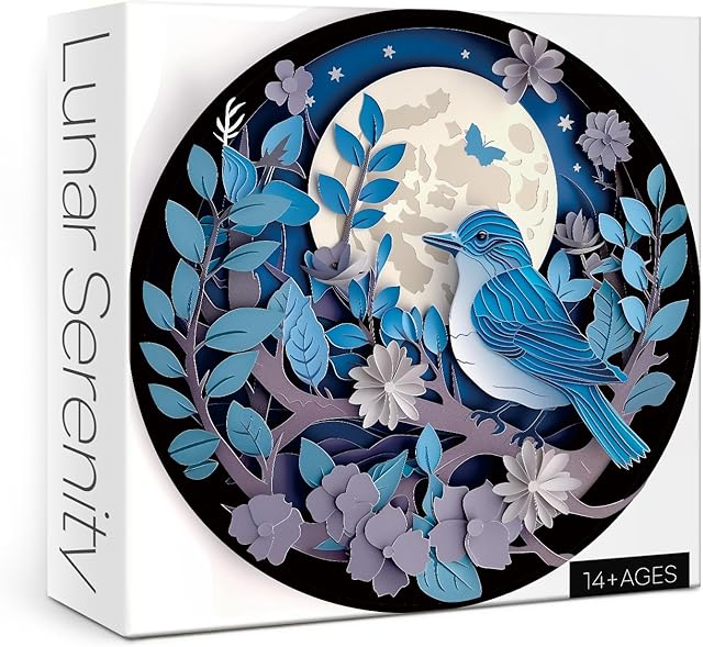 The Round Bird Puzzle for Adults 1000 Piece, Nature Flower Tree Jigsaw Puzzles, Papercut Circle Moon Puzzle