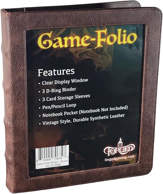 The Forged Dice Co. Game-Folio PU Leather Portfolio Binder - Gaming Binder for DND Character Sheets with DND Spell Cards Organizer and Clear Front Pocket - Compatible with Dungeons and Dragons RPG - Brown