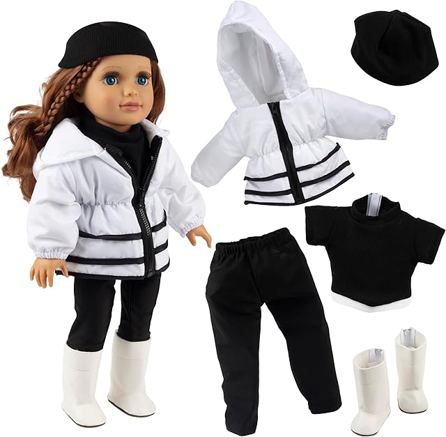 The 6pc Winter Doll Outfit for 18" Dolls - Compatible with American Girl- Clothes & Accessories Set Includes Puffer Coat Jacket, Hat, Boots, Shirt, & Leggings- Durable Skiing Outfit Gift for Girls