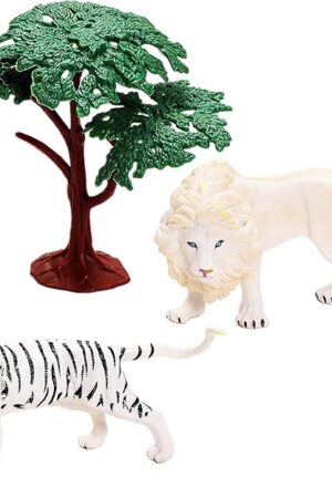 The Qiandier 2PCS White Realistic Tigers Figurines with Lion Wild Animals Figures Model Includes Plastic Tree