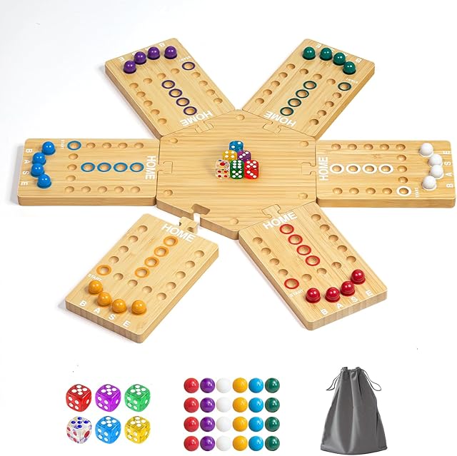 The Wooden Marble Board Game for 2-6 Players, Portable Fast Track Board Game with 24 Marbles and 6 Dice for Family Friends, Party Game Night
