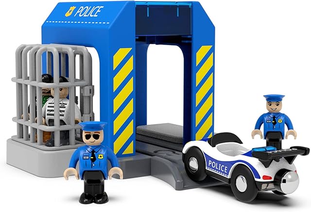 The Wooden Train Tracks Accessories, Train Set Piece of Police Station Compatible with All Railroad Track Collection, Train Toys Expansion Pack for Kids Ages 3 and Up.