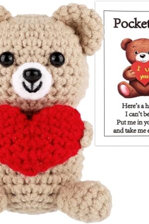 The Positive Bear, Pocket Hug Bear with Love Heart Bear Crochet Doll Valentine Bear Emotional Support Animals Knitted Bear Toy for Christmas Birthday Valentines Gift Decoration (Khaki)