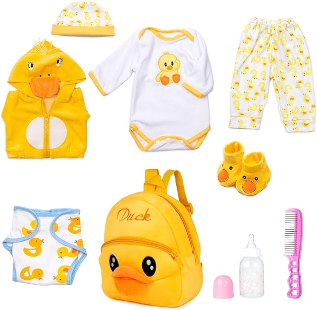 The Reborn Baby Doll Clothes with Backpack Diaper for16-18 Inch Baby Doll Clothes Accessories Yellow Duck Carrier 9-Pieces Set with Bottle Nipple Boys & Girls
