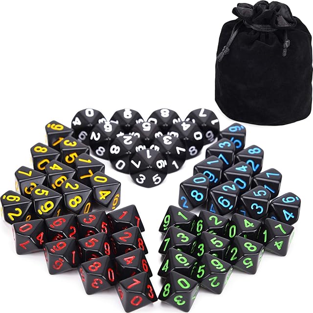 The 50pcs Assorted D10 Opaque Black with Black Dice Bag 10 Sides Dice for Tabletop RPG World of Darkness Vampire (0-9)