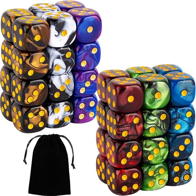 The 48 PCS 12mm 6 Sided Dice Set Marble D6 Dice Round Corner Board Game Dice for Tenzi Farkle Bunco MTG DND or Math Learning