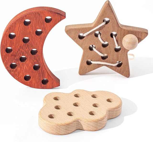 The Wooden Lacing Threading Toys, Moon/Stars/Cloud Lacing Toys for Toddlers, Threading Activity Toddler Airplane Travel Toy, Fine Motor Skills Sensory Toys for 2 3 4 Year Old (Natural Wood)