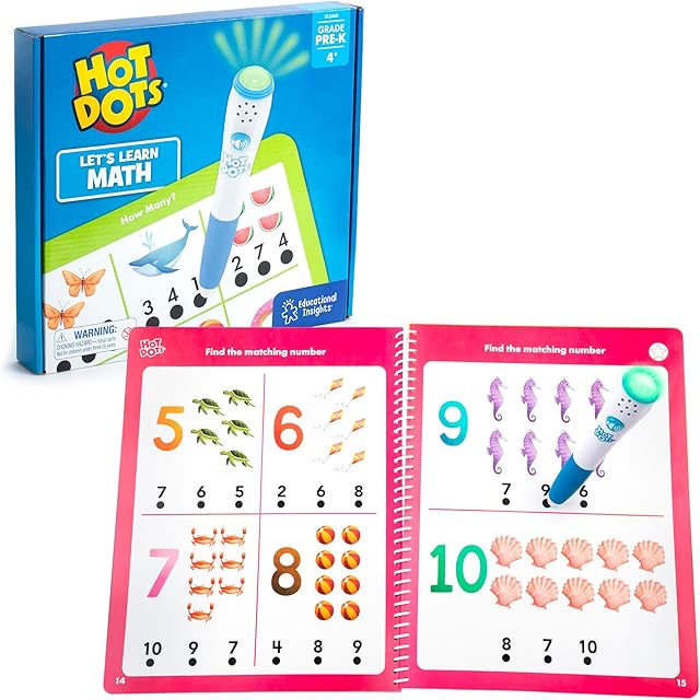 The Educational Insights Hot Dots Let's Learn Pre-K Math - Preschool Math Workbook to Learn Counting & Colors with Interactive Activities, Classroom Essentials, Ages 3+