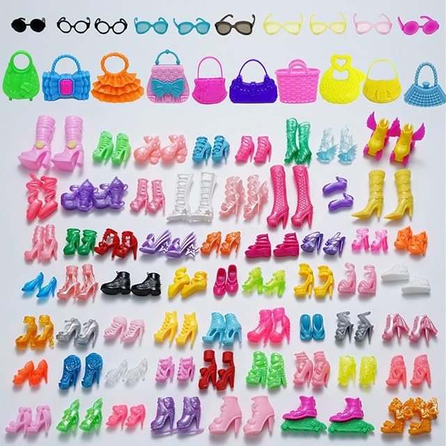 The 70PCS Doll Accessories - 50 Pairs Shoes, 10 Handbags, 10 Glasses - Assorted Colors, High Heel Boots, Sandals for 11.5 Inch Girl Doll