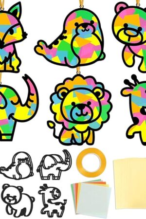 The QOUBAI 36 Pcs Animal Suncatchers Crafts for Kids Wild Animals Window Tissue Paper Craft Kit Colorful Window Suncatchers Art Kit Decorations for School Home Activity Project Birthday Party Favor Décor
