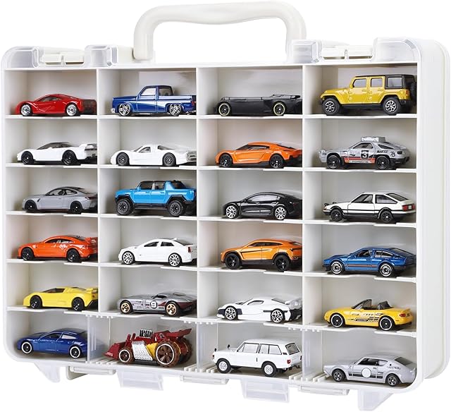 The Storage Case Compatible with Hot Wheels - Carrying Display Case for 1/64 Scale Toy Cars, 48-Slot Double-Sided Transparent Organizer with Built-in Steps Prevent Sliding & Adjustable Dividers