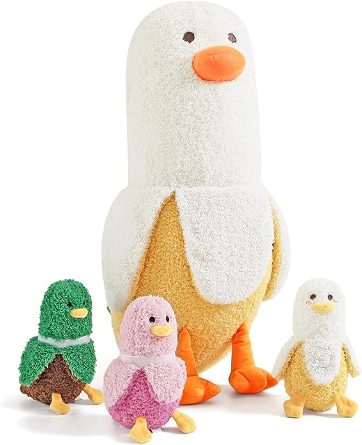 The PEACH CAT Banana Duck Plush 1 Mommy 19.7" Banana Duck Stuffed Animal with 3 Cute Babies Inside, 4 Pieces Plushies Toy Set Gifts for Girls and Boys