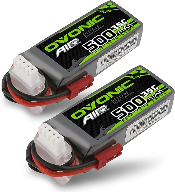 The OVONIC 3S Lipo Battery 35C 500mAh 11.1V Lipo Battery with JST Connector for RC Airplane Helicopter Quadcopter FPV Racing Drone(2 Packs)