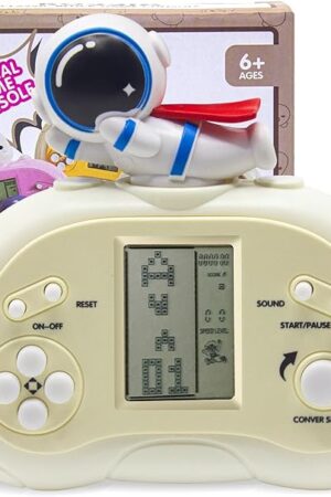 The Retro Handheld Classic Block Game Console, LCD Screen Competitive Gaming Console , Animal Character Design, with Four Game Modes, Exercise Children's Hand Eye Coordination (Beige Astronaut)