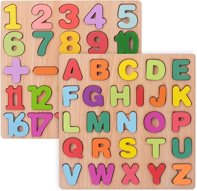 The Wooden Puzzles for Toddlers, Alphabet Puzzle and Number Puzzle, Preschool Educational Learning Toys with Chunky Wood ABC Puzzle Board, for Girls Boys Kindergarten